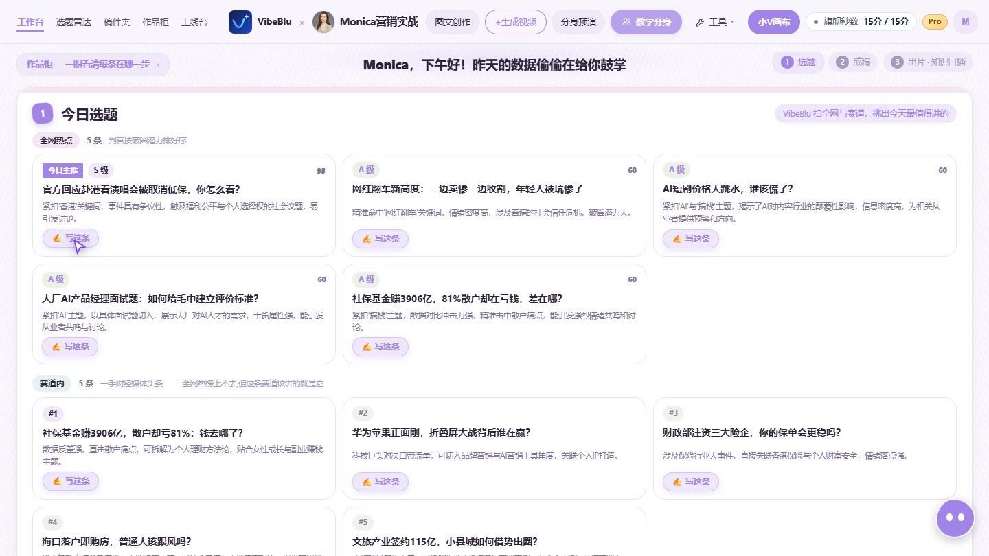 vibeblu 工作台今日选题列表界面